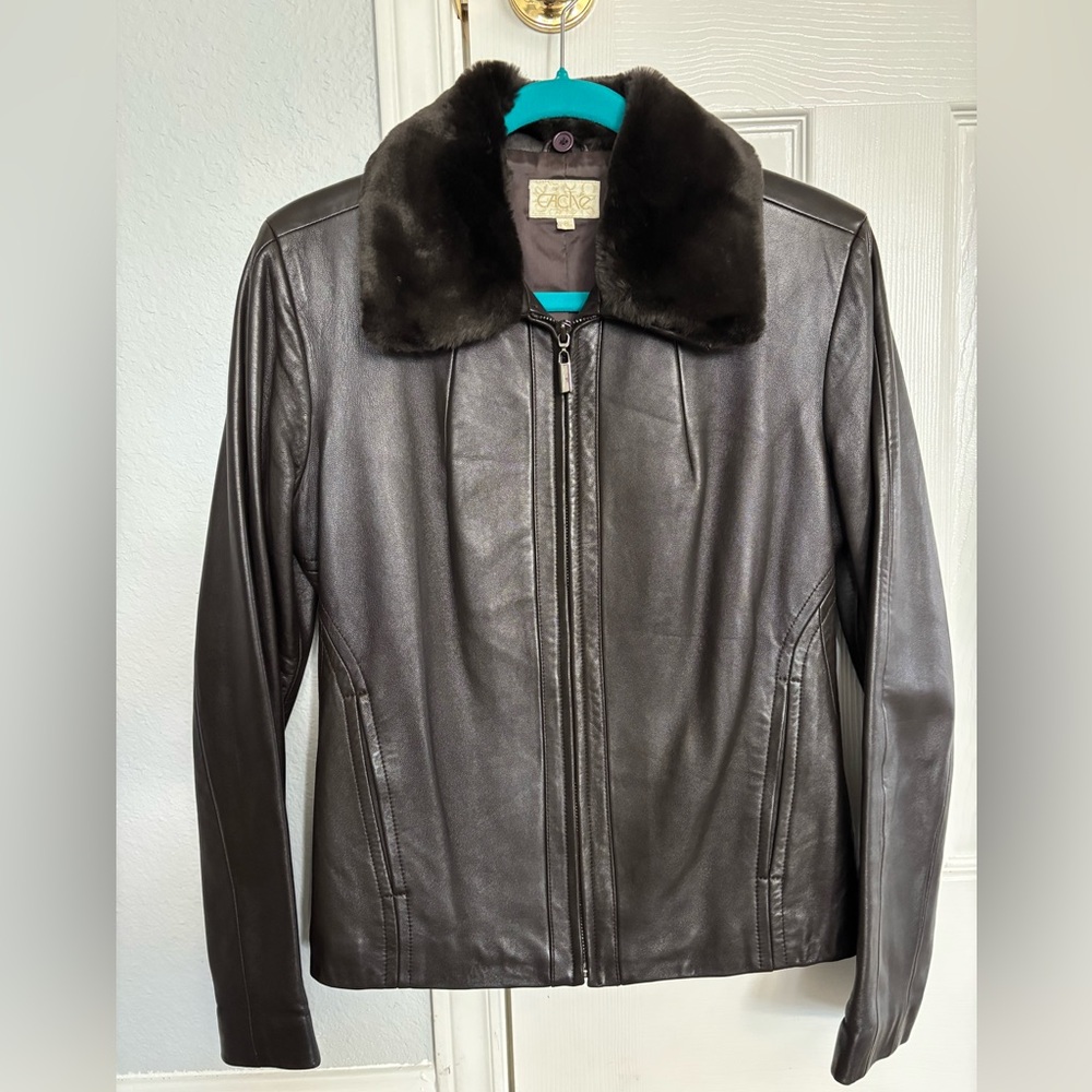 Cache Classic Leather Brown Jacket Removable Faux… - image 1